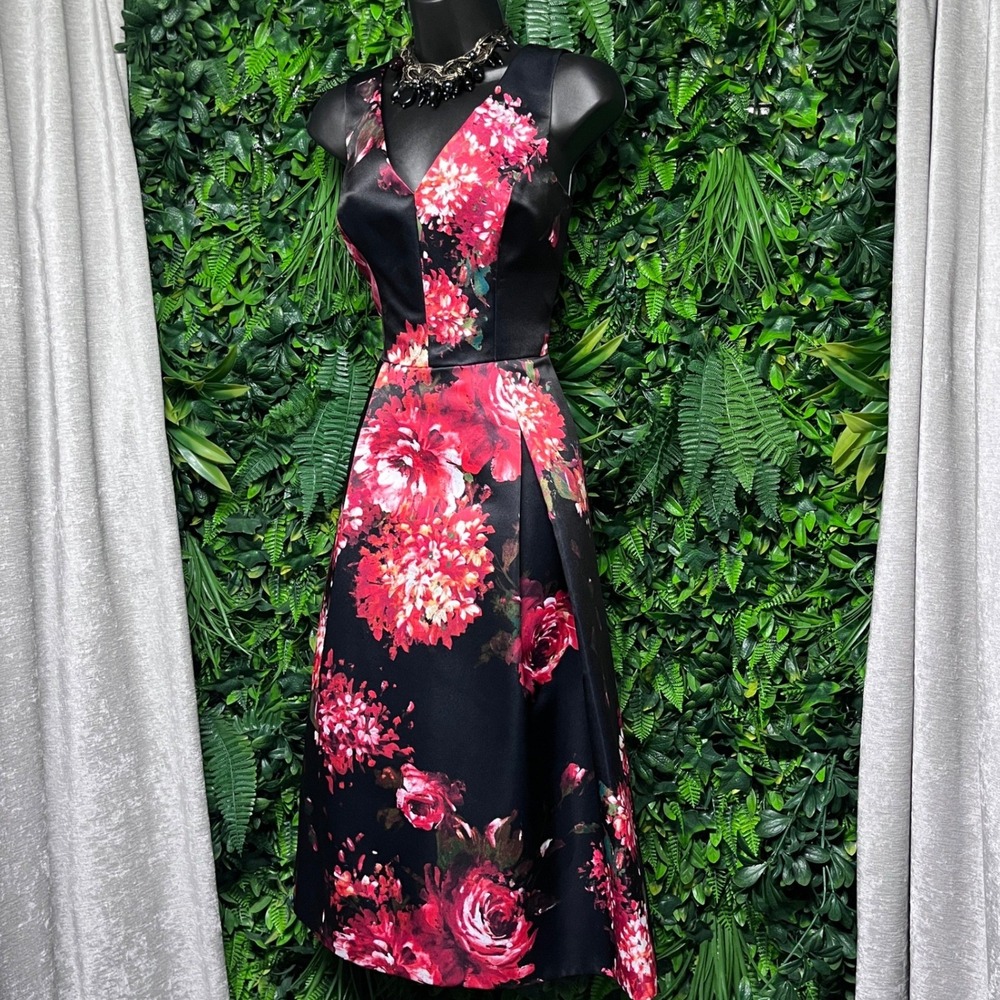 Teri Jon Rickie Freeman Dress 4 Black Red Floral Satin Fit Flare Midi 4212